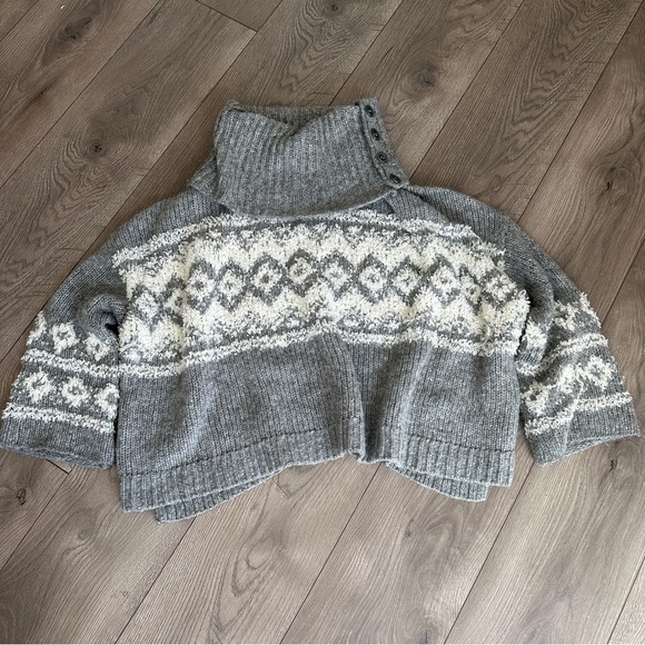 Free People Fair Isle Cowl Neck Chunky Wool Blend Gray Oversized Sweater Small - Picture 13 of 15